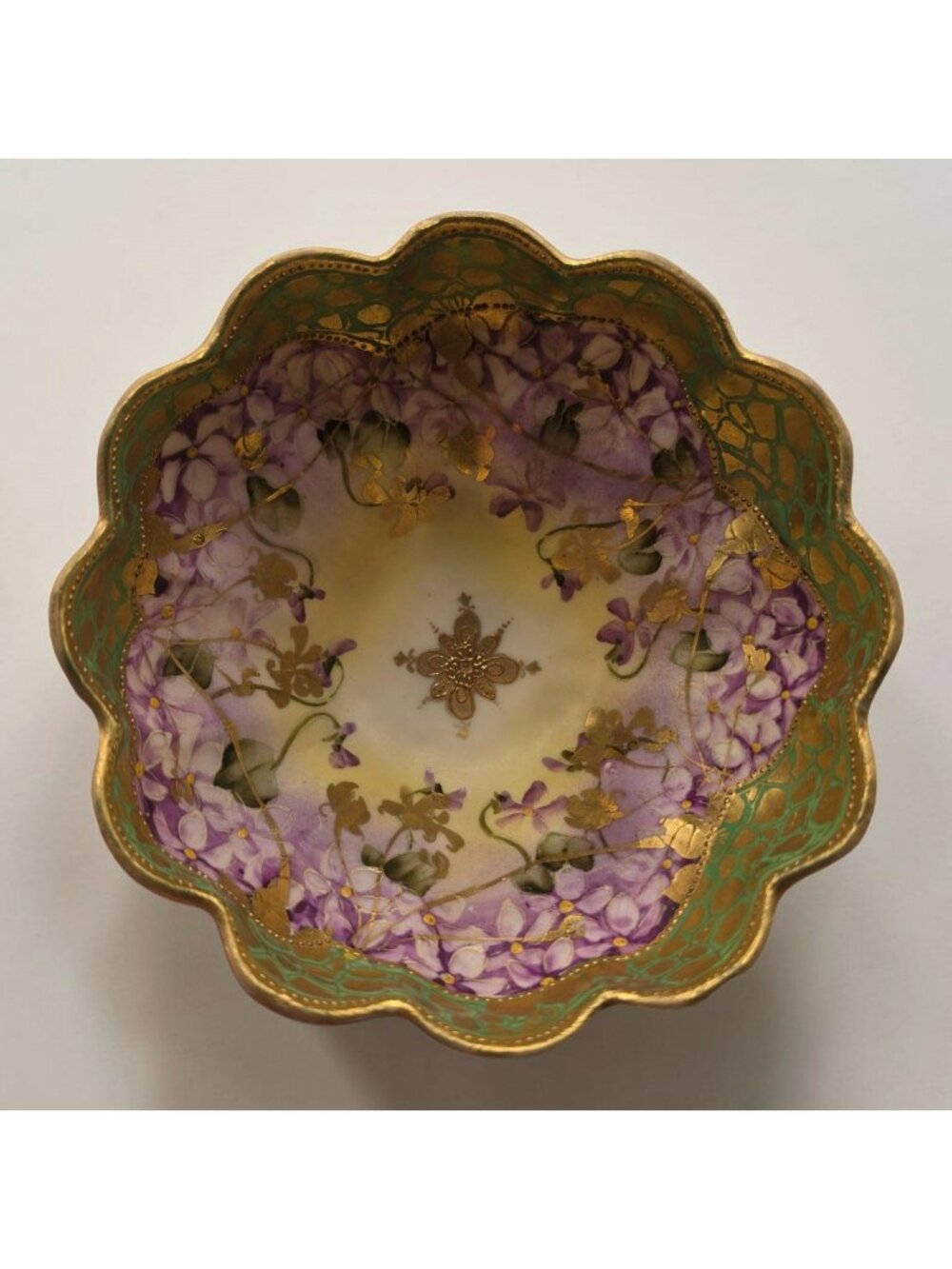 Hand-Painted Nippon Porcelain Footed Bowl Purple Flowers Gold Accents Scalloped